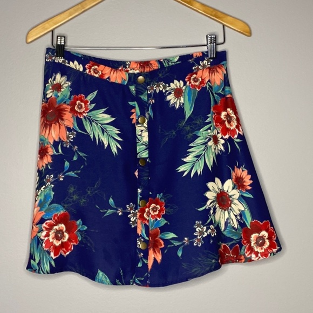 Living Doll Navy Floral Print Faux Button Front Stretch Waist Back‎ Skirt